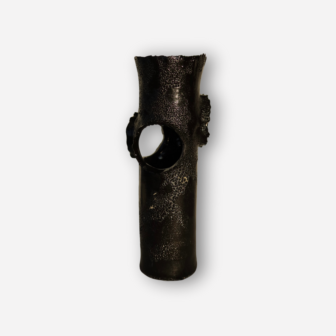 ROOSTING VASE - BLACK WITH BLACK LICHEN SMALL