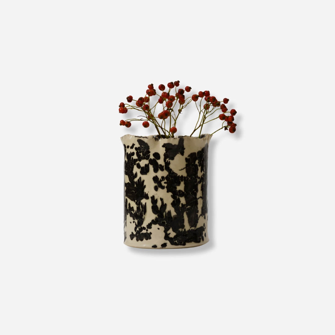 TORN CYLINDER VASE - CREAM WITH BLACK TERAZZO