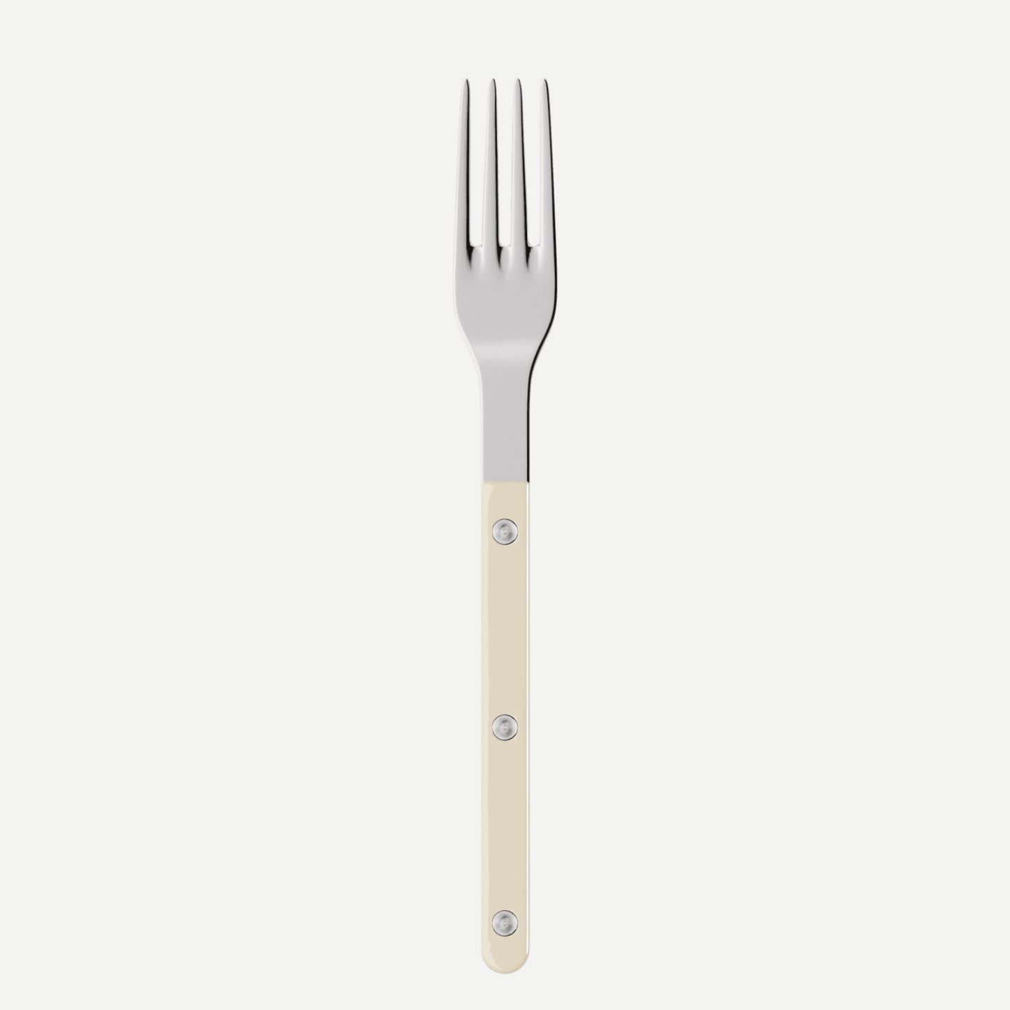 Silver fork with a beige handle on a white background