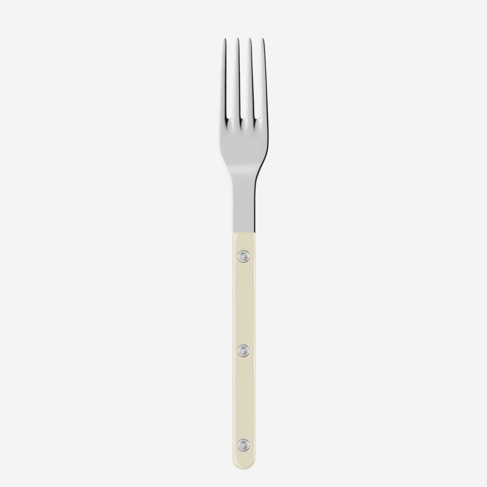 Silver fork with a beige handle on a white background