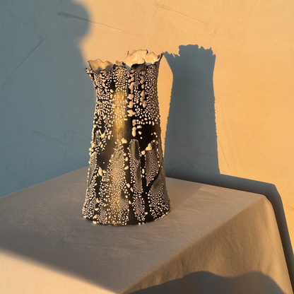 CONCAVE VASE - BLACK WITH WHITE LICHEN