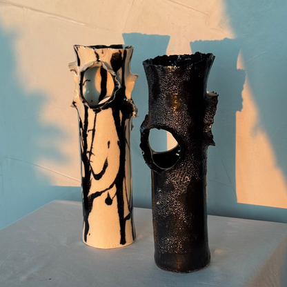 ROOSTING VASE - BLACK WITH BLACK LICHEN SMALL