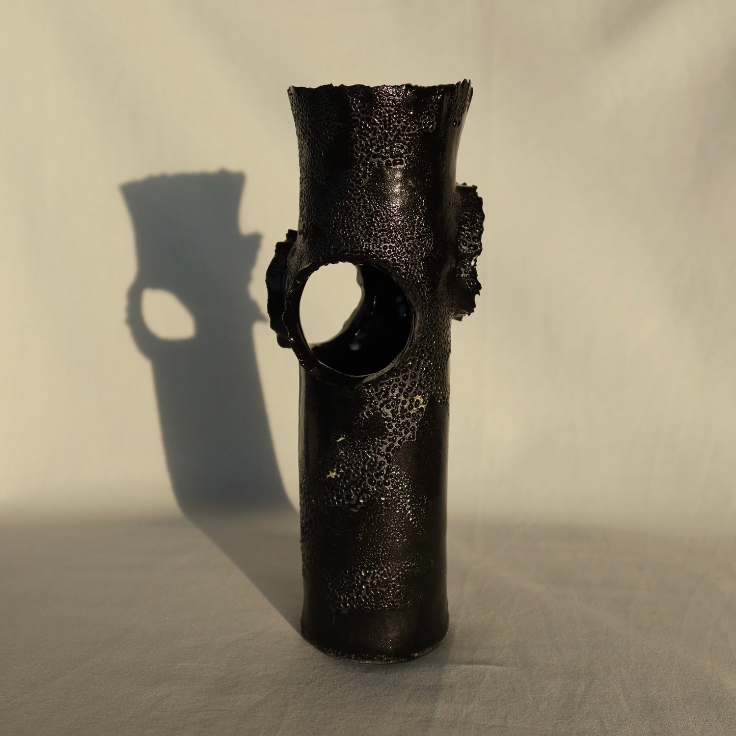 ROOSTING VASE - BLACK WITH BLACK LICHEN SMALL