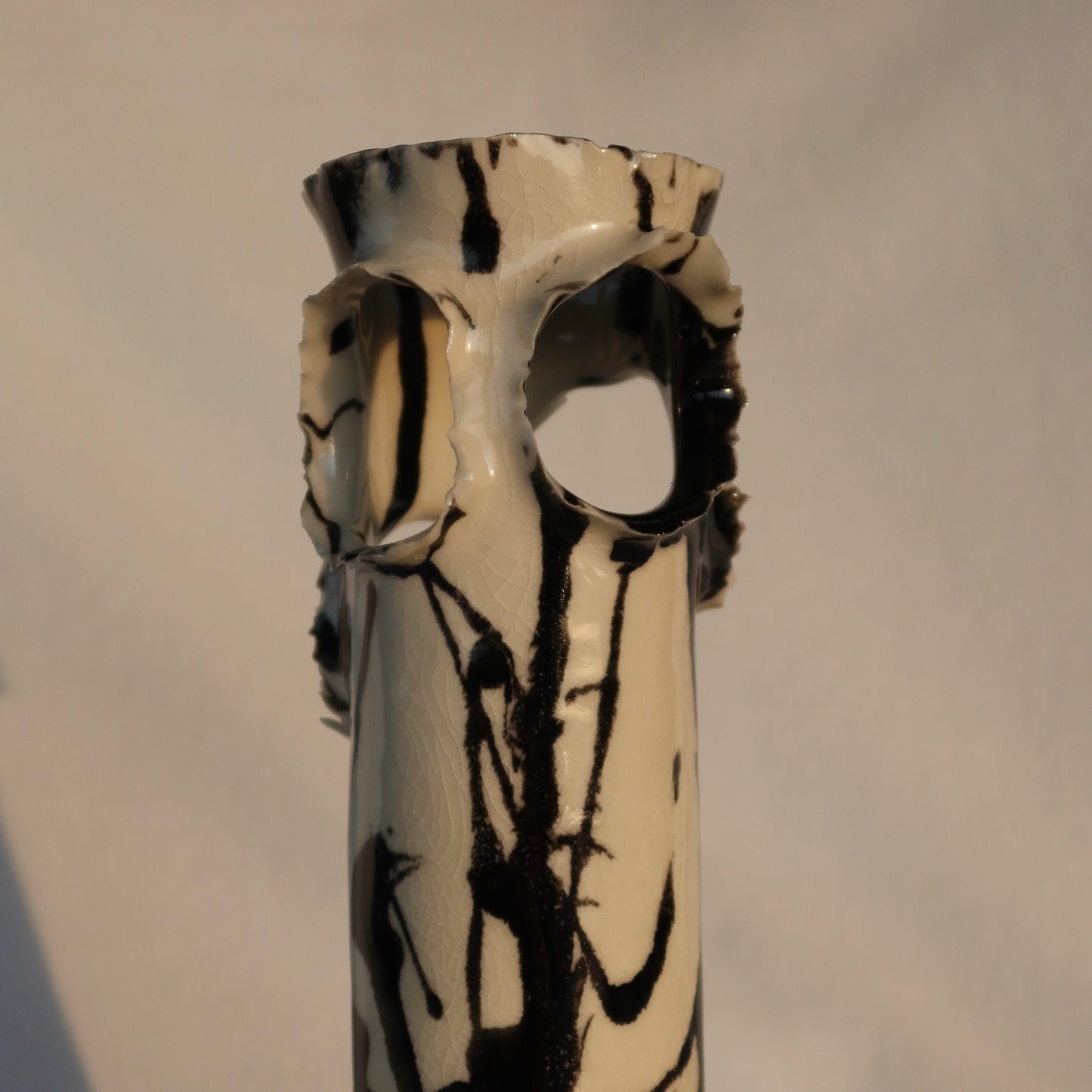 ROOSTING VASE - WHITE WITH BLACK PAINT LINES + LICHEN