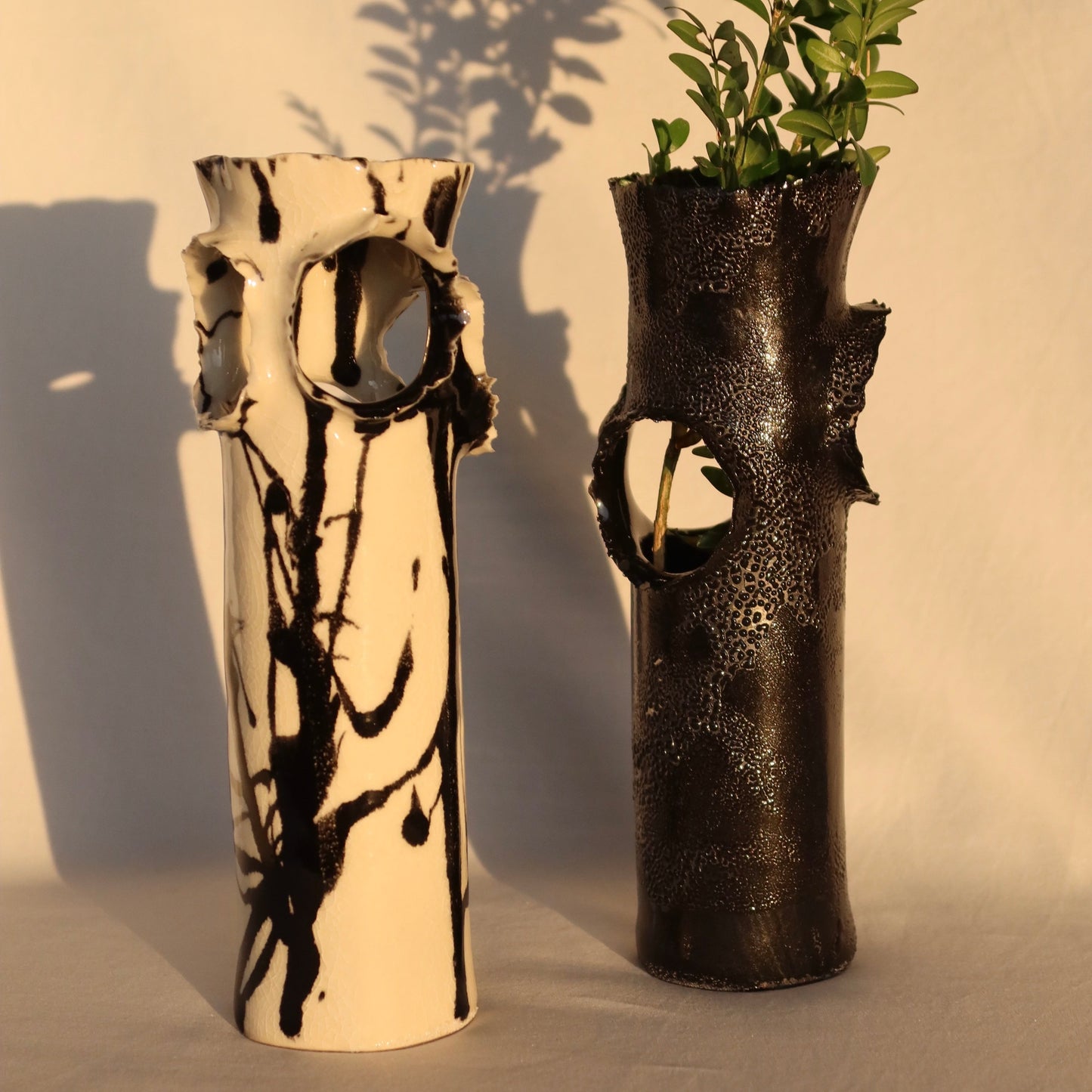 ROOSTING VASE - WHITE WITH BLACK PAINT LINES + LICHEN