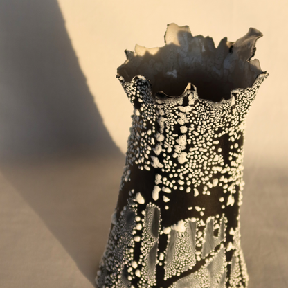 CONCAVE VASE - BLACK WITH WHITE LICHEN